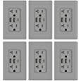 ELEGRP 30W 6.0 Amp 3-Port USB Wall Outlet, 20 Amp Receptacle with USB Type C Type A Ports, USB Charger for iPhone, iPad, Samsung, LG, HTC and Android Devices, UL Listed, with Wall Plate, 6 Pack, Gray