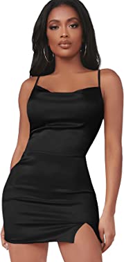 Verdusa Women's Split Hem Cowl Neck Spaghetti Strap Satin Cami Bodycon Dress