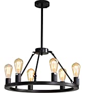 6-Light Farmhouse Wagon Wheel Chandelier, Rustic Vintage Round Kitchen Island Light, Black Modern...