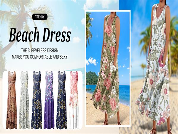 Womens Casual Sleeveless Summer Pleated Sundresses with Pockets