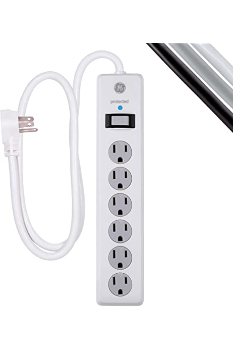 GE 6-Outlet Surge Protector, 4 Ft Extension Cord, Power Strip, 800 Joules, Flat Plug, Twist-to-Close Safety Covers, Protected Indicator Light, UL Listed, White, 33658