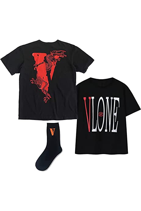 Mens Big V Dragon Logo Shirt Classic Letter Short Sleeve Tshirt with Black Hip Hop Socks
