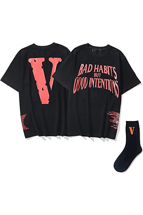 Casual Hip Hop Big V Letter Angels Shirt Men's Crew Neck Cotton Tshirt with Black Socks
