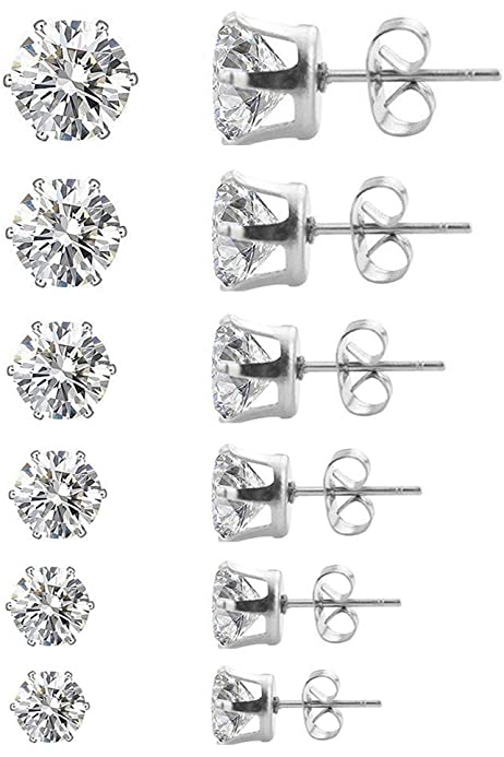 6 Pairs Cubic Zirconia Studs Stainless Steel Earrings Set Earrings 3-8mm for women men