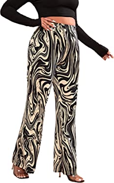 WDIRARA Women's Floral Print Elastic Waist Flare Leg Pants Stretchy Casual Long Pants