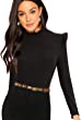 Romwe Women's Stand Collar Slim Fit Frilled Ruffles Shoulder Solid Keyhole Blouse Top