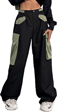 Verdusa Women's Elastic Waist Colorblock Loose Cargo Pants Long Joggers with Pocket