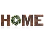 Hanging Wood Home Sign with Artificial Eucalyptus Wreath for O, Farmhouse Rustic Wooden Wall Decor Signs , Freestanding Wooden Home Decorative Decor Letters for Living Room House