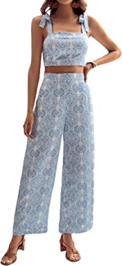 Floerns Women's 2 Piece Boho Floral Print Knot Shoulder Zip Back Crop Cami Top and Maxi Pants Set
