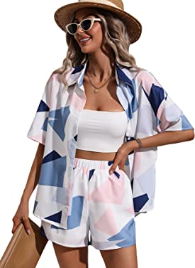 MakeMeChic Women's Casual 2 Piece Outfits Short Sleeve Button Down Blouse and Short Set