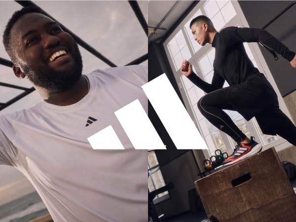 men working out in adidas gear with adidas logo over image