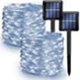 Dazzle Bright 2 Pack Solar String Lights Outdoor, 39.4 FT 120 LED Solar Powered Waterproof Fairy Lights 8 Modes, Copper Wire Lights for Christmas Patio Party Tree Yard Decoration (White)