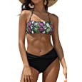 SHEKINI Bandeau Bikini Set for Women Removable Halter Strap 2 Piece Swimsuit with Cheeky High Waisted Bottom(Black Printing - E,Medium)