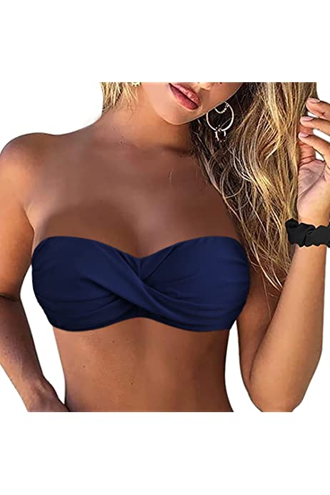 Women Strapless Bikini Tops Retro Twist Front Bathing Suit Tops Push Up Bandeau Swimsuit