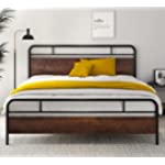 SHA CERLIN Heavy Duty King Bed Frames with Modern Wood Headboard, Metal Platform Bed with Frosted Iron Frame, 12&quot; Under Bed Storage, Noise Free, No Box Spring Needed, Dark Brown