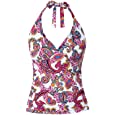 Mycoco Women&#39;s Halter Swim Top V Neck Swimwear Front Shirred Tankini Top Cashew&amp;White US 16