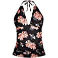 Yonique Women&#39;s Halter Tankini Top No Bottom V Neck Swim Top Tummy Control Bathing Suit Top Orange Pink Floral 22 Plus
