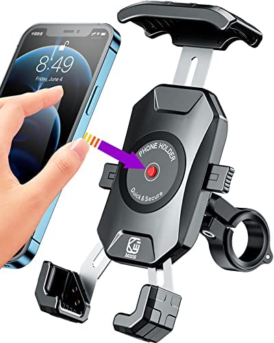 Motorcycle Phone Mount, Bike Phone Holder, BRCOVAN One-Touch Automatically Lock & Quick Release Bicycle Phone Clamp, Adjustable ATV Scooter Handlebar Cell Phone Cradle Clip for 4''-7'' Cellphone