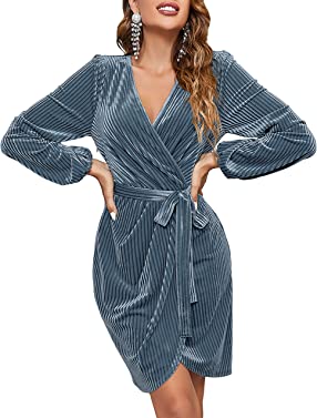 MEROKEETY Womens Long Sleeve Wrap Velvet Mini Dress Sexy V Neck Cocktail Party Club Dress
