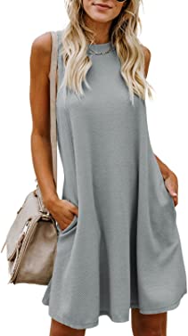 Dokotoo Womens 2023 Summer Dress Sleeveless Crew Neck Mini Tank Dress Short Flowy Sundress with Pockets