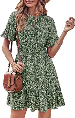 PRETTYGARDEN Women's Summer Boho Dress Casual Short Sleeve Tie V Neck Ruffle Floral Print Mini Skater Dresses