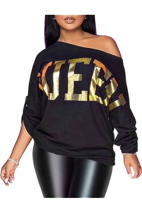 Womens Off The Shoulder Tops Sexy Shiny QUEEN Shirts Long/Short Sleeves Fashion Graphic Sequined T-shirts Blouses