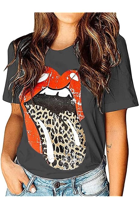 Women Red Lip Leopard Tongue Print T-Shirt Short Sleeve Cute Graphic Tee Tops