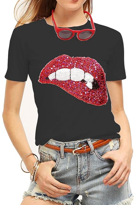 Women's Sequined Sparkely Glittery Lip Print T Shirt Cute Embroidery Teen Girls Tops