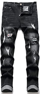 AITITIA Men's Biker Zipper Deco Washed Straight Fit Jeans