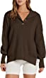 ANRABESS Women's Long Sleeve Button Up V Neck Drop Shoulder Oversized Slouchy Ribbed Knit Pullover Sweater with Slit
