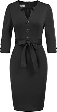 GRACE KARIN Women Retro 3/4 Sleeve Work Office Business Pencil Dress with Belt