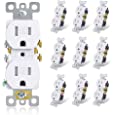 ELEGRP Tamper-Resistant Duplex Receptacle, 15A 125V Standard Electrical Duplex Wall Outlet, 2 Pole 3 Wire, 5-15R, Self-Grounding, Residential Grade Straight Blade, UL (Glossy White, 10 Pack)