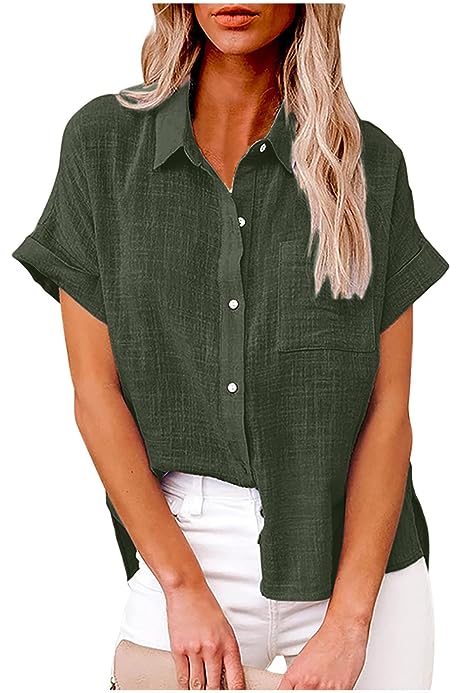 Button Down Tops for Women Cotton Linen Lapel Collared Short Sleeve Summer Blouses Loose Fit Dressy Shirts Trendy 2023
