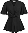 GRACE KARIN 2023 Women's Elegant Peplum Tops V Neck Tie Front Short Bell Sleeve Shirts Tops Blouse