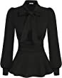 GRACE KARIN Women's Office Bow Tie Blouse Puff Sleeve Peplum Dressy Shirt Smocked Waist