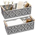 Macrame Storage Basket Boho Decor Baskets for Organizing Woven Decorative Basket for Countertop Toilet Paper Basket for Toilet Tank Top Shelf Basket with Handle for Bathroom Decor Bedroom Nursery Livingroom Entryway (Set of 2,Grey)