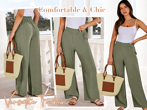 wide leg casual beach vacation travel plane linen pant trousers 2023 trendy fashion pants pocket