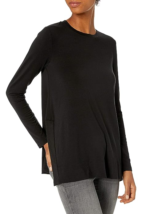 Women's Soft Rayon Jersey Crew Neck Long-Sleeve Split-Hem Tunic