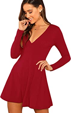Verdusa Women's Elegant Deep V Neck Long Sleeve Ribbed Short Skater Dress