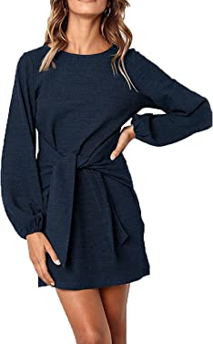 PRETTYGARDEN Women's Elegant Long Lantern Sleeve Short Dress Crewneck Tie Waist Knit Cocktail Dress