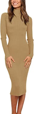 MEROKEETY Women's Ribbed Long Sleeve Sweater Dress High Neck Slim Fit Knitted Midi Dress