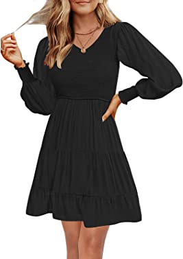 MEROKEETY Women's 2023 Casual Long Sleeve V Neck Smocked Elastic Waist Flowy Tiered Mini Dress