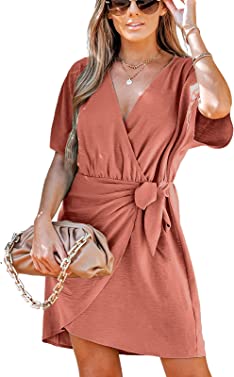 CUPSHE Women's Belted Mini Wrap Dress V Neck Tulip Short Sleeve Casual Dress