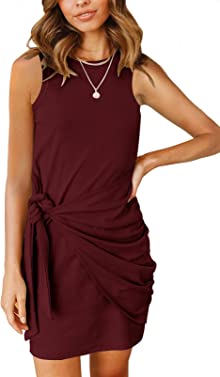 MEROKEETY Women's Summer Sleeveless T Shirt Dress Tie Waist Ruched Crewneck Bodycon Mini Dress