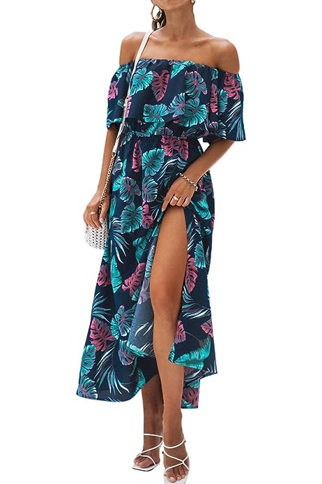 Women's Dresses for Summer A Line Dresses Off Shoulder Ruffle Maxi Tropical Printed Dress