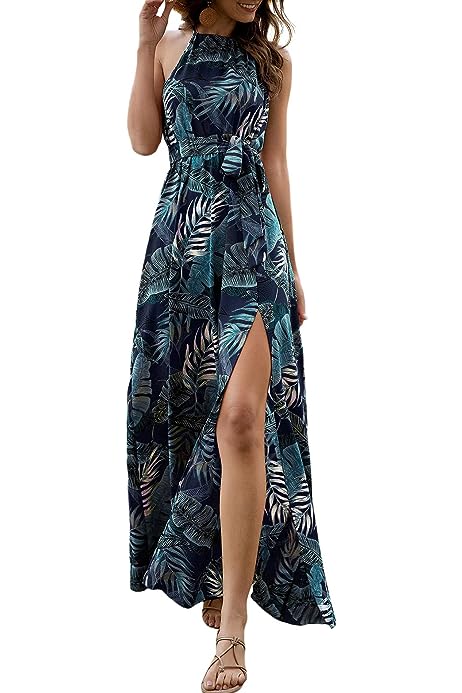 Women's Summer Tropical Floral Print Halter Neck Split Maxi Dress