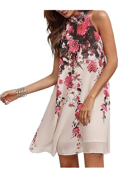 Women's Summer Floral Print Sleeveless Halter Neck Beach Party Dress