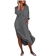 HUANKD Women''s Cute Fall Dresses Color Button Slit Loose Breathable Casual Shirt Cotton Linen Dre...