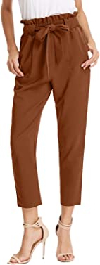 GRACE KARIN Women Ruffled High Waist Casual Pants Cropped Striped Pants