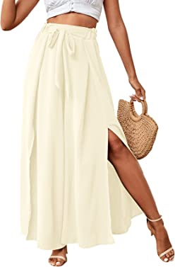 LYANER Women's Tie Front High Waist Side Split Slit Flowy Wide Leg Pleated Pant with Belt